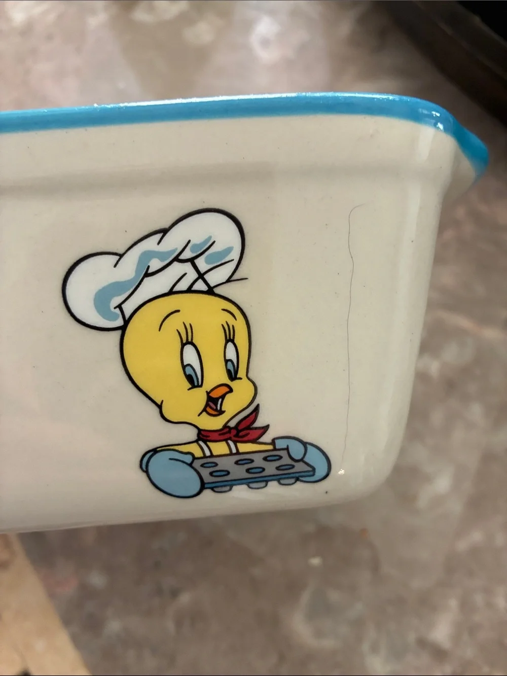 Vintage Looney Tunes Ceramic Baker with Porky, Bugs & Taz - White and Turquoise